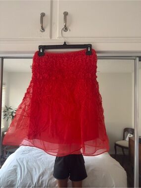 Red Sheer Floral Stitch Flowy Skirt